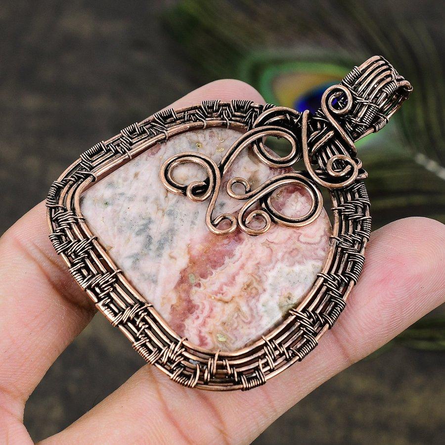 Rhodochrosite Gemstone Copper Wire Wrap Jewelry Pendant 2.76