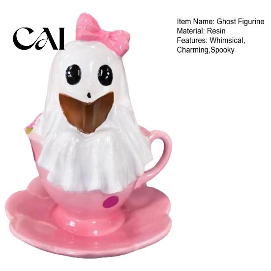 Halloween Tiered Tray Decorations Reading Ghost Figurine, Pink Teacup Statue, Resin Decorative for Shelf Sculpture Home Office Party,