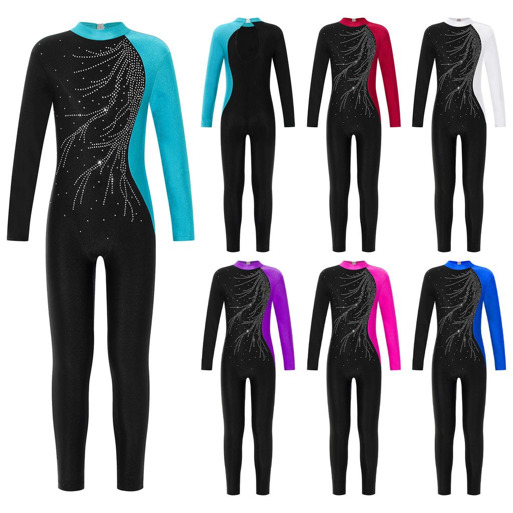 Kids Girls Long Sleeve Shiny Rhinestone Decor Dance Slim Fit Gymnastics Skating Leotard Jumpsuit