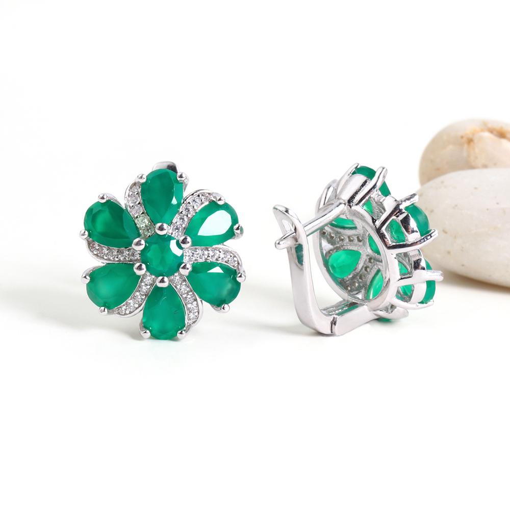 Gorgeous and Elegant Natural Green Agate Gemstones Flower Design Earrings 925 Sterling Silver Jewelry for Women Valentines Gift