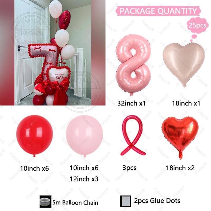 25pcs Pink Number 1-9 Birthday Balloon Set Heart-shaped Foil Balloon Festival Party Decoration Photography Supplies