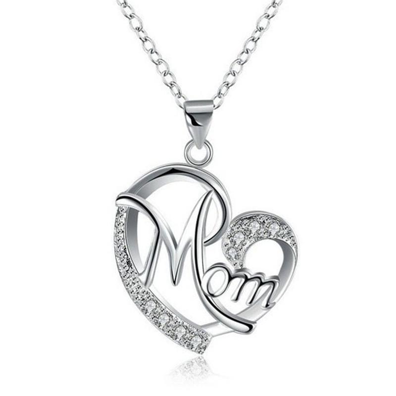 Mom Heart-shaped Pendant Diamond Letter Alloy Rhinestone Women Necklace Jewelry Mother Gift