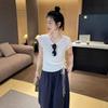 Chic Blue Flutter Sleeve Ice Silk Knitted Women's Summer Drawstring Top