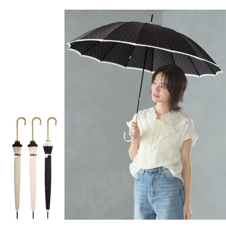 Длинная 16-ребристая булавка для солнца и ребристого горошка для поездок на работу или для женщин WPC. Зонт, зонт, точки, бежевый, дождь, 55 см, большой, женский, многореберный,