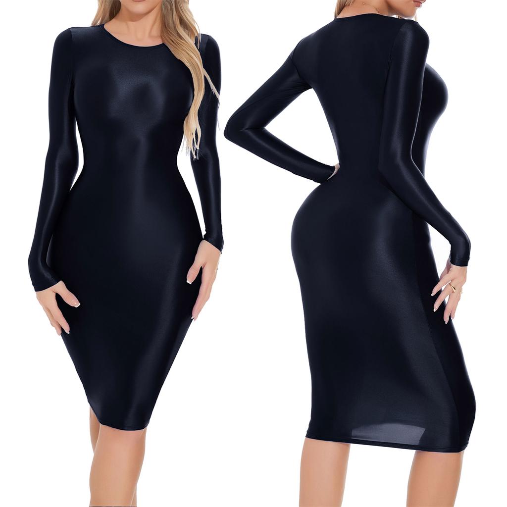 Women Oil-shiny Smooth Pencil Bodycon Dress Hip Wrap Miniskrt for Club Dating Disco Music Rave Party Costume Sexy Nightwear