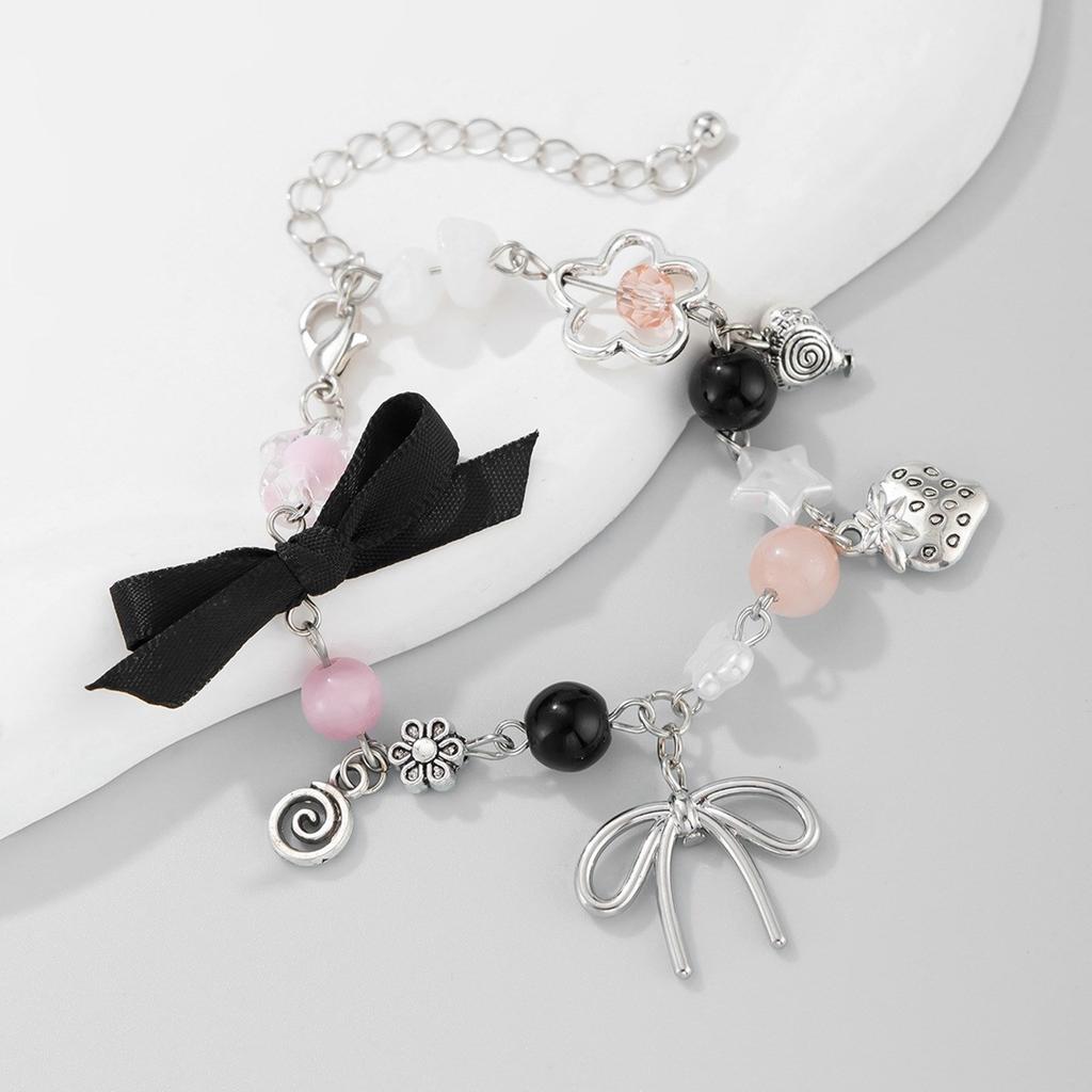 Faux Pearls Beaded Bracelet with Bowknot Pendant Butterfly Knot Charm Wristchain Adjustable Length Handchain Ornament