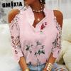 Summer Women's Top Floral Print Off-the-shoulder Lace Patchwork Long-sleeved T-shirt for Women