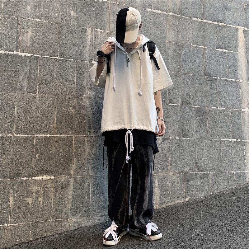 Темная трендовая мужская хип-хоп футболка оверсайз с капюшоном и коротким рукавом в корейском стиле