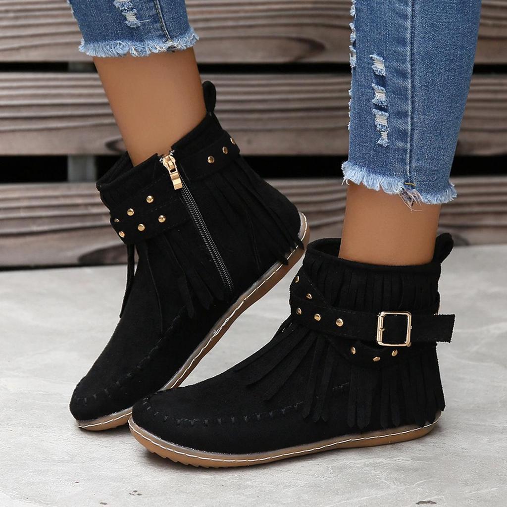2024 Autumn/Winter Flat Fringe Ankle Boots with Buckle - European & American Style Retro Martin Knight Boots