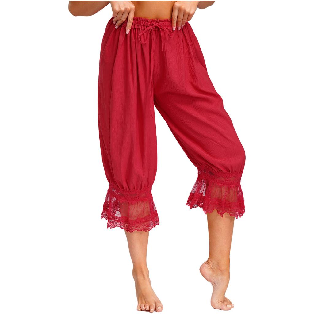 S-L Womens Lace Trim Long Bloomers Loungewear Elastic Waist with Drawstring Loose Harem Pants Medieval Pirate Pantaloons Midi Pants