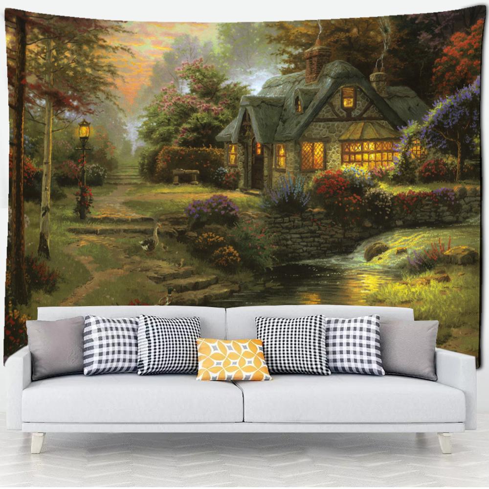 Лесная хижина гобелен настенная картина маслом фон ткань печать психоделическое колдовство богемный декор