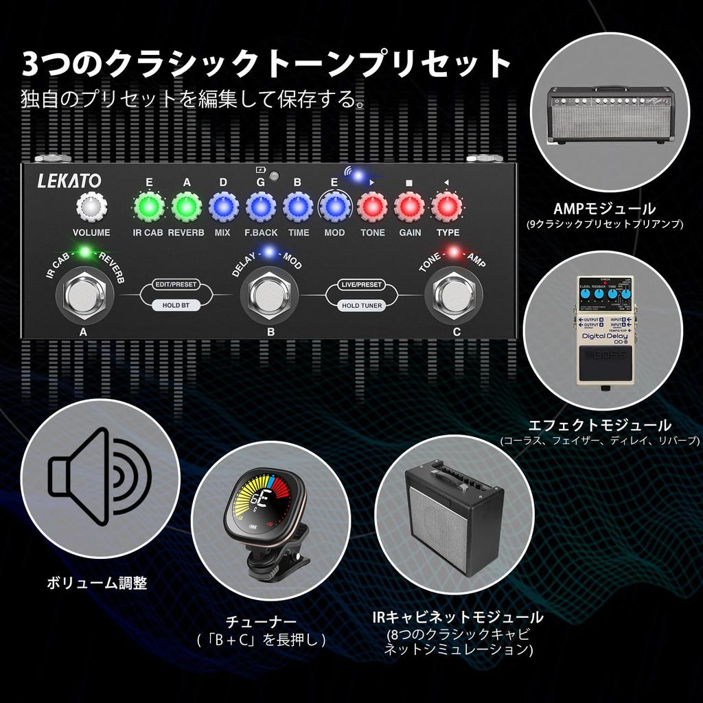 LEKATO Guitar Pedal with IR 9 AMP Delay and Chorus for Electric Guitar and Multi-Effects Loading, Modes, Reverb, Effects, Bass.