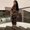 Women's Sexy U-neck Dress Mid-waist Long-sleeved Printed Long Skirt Set Slim-fit Bag Buttock Dress