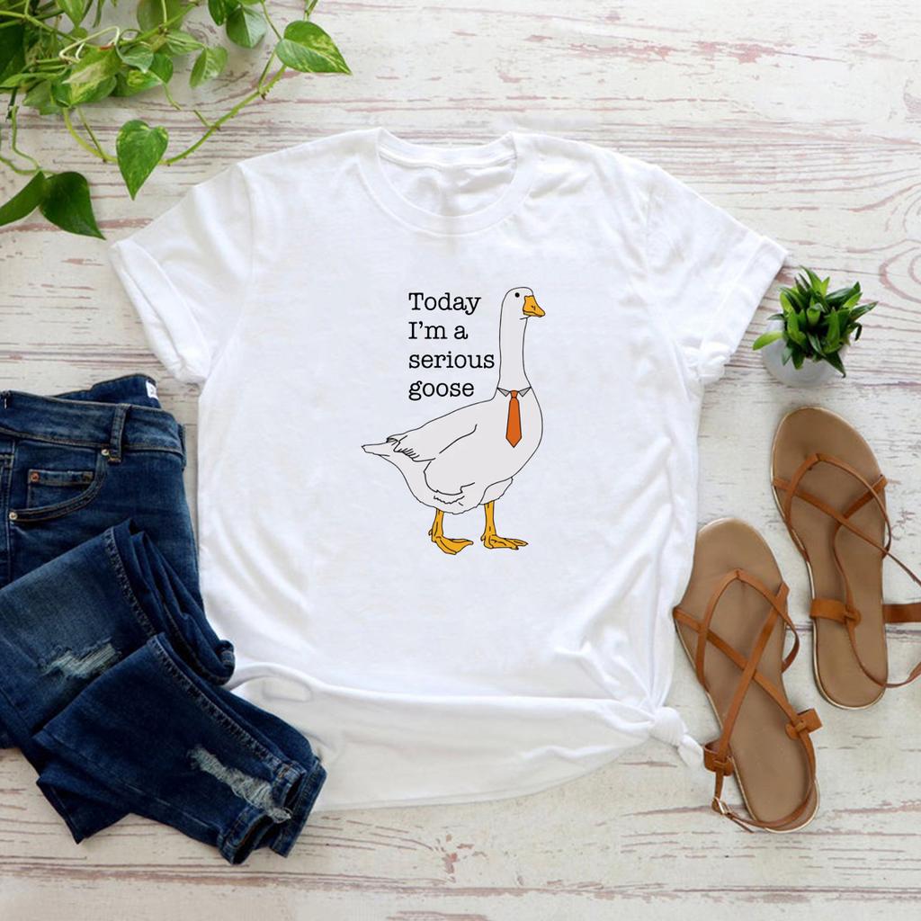 Summer Round Neck 3D Today I Am A Serious Goose Print Top Fashionable Casual Short Sleeved Women's T-shirts