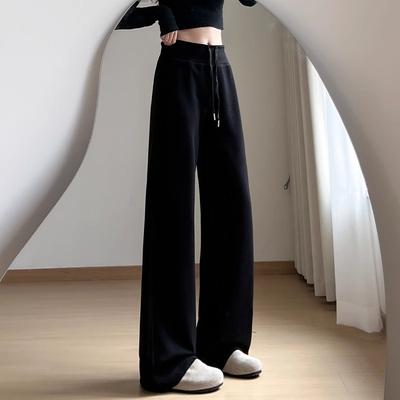 Черные повседневные спортивные штаны с высокой талией и завязками на шнурке, женские летние новые свободные и тонкие маленькие широкие брюки с высокой талией