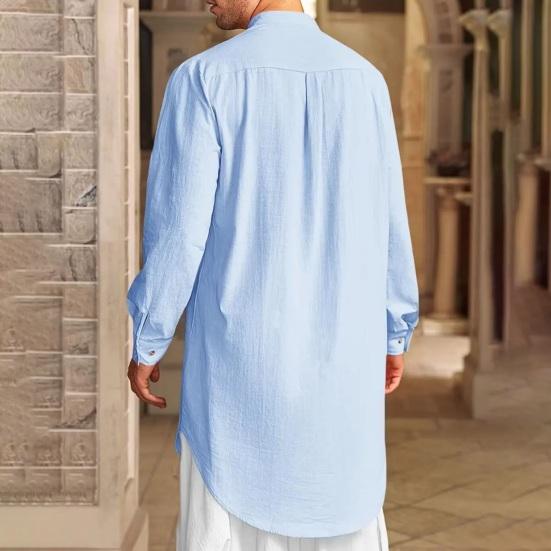 Men's Cotton Linen Kaftan Long Sleeve O-Neck Robe Solid Color Button-up Collar Thobe Breathable