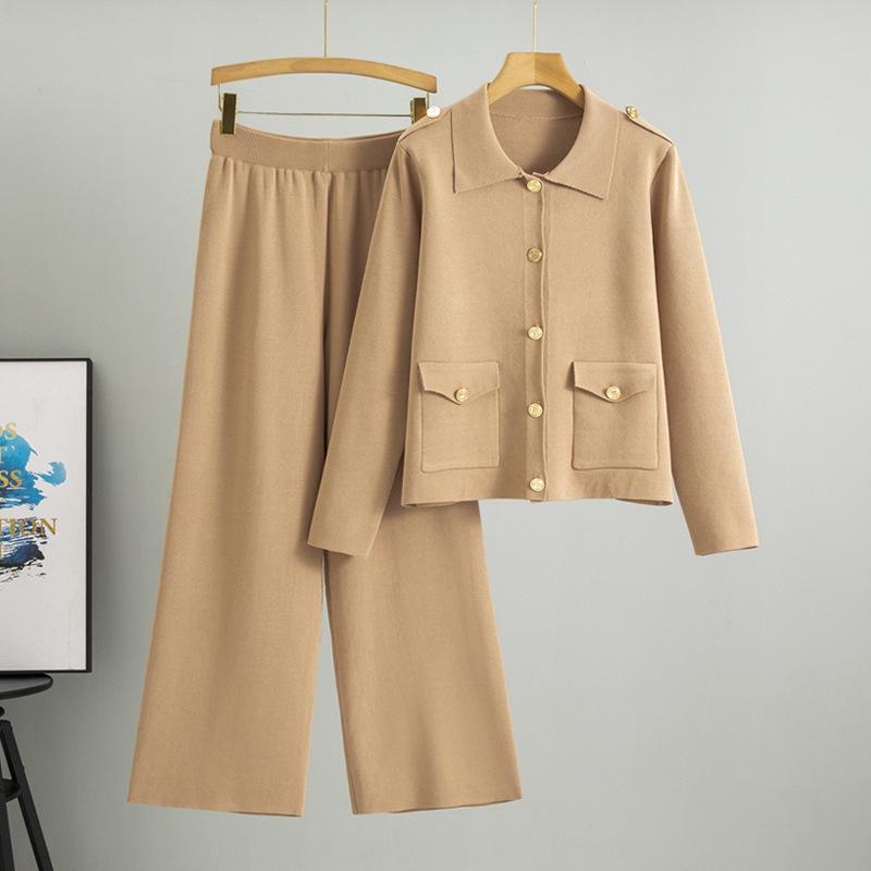 Плюс Размер Женский Весенний Свободный Модный Повседневный Трикотажный Свитер Кардиган Комплект Из Двух Частей