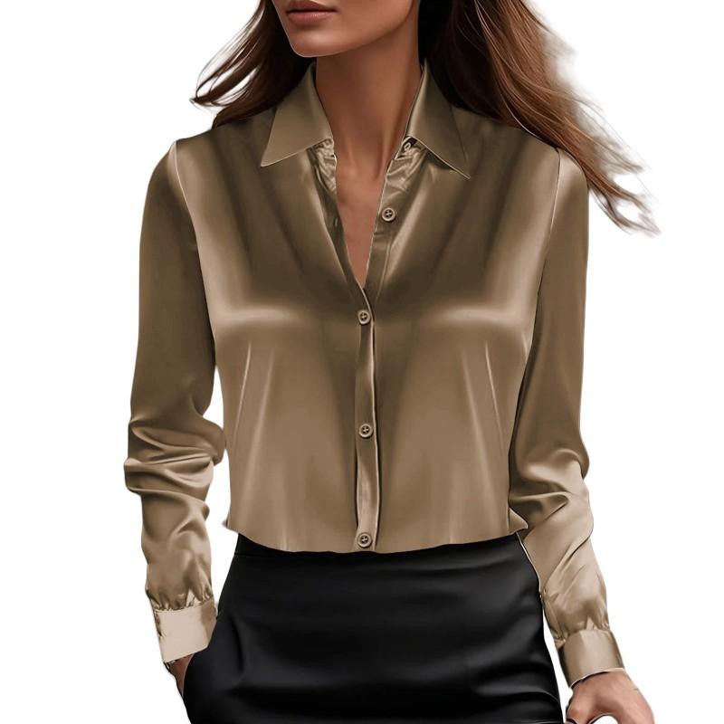 Womens Solid Color Turn-Down Collar Long Sleeve Shirt Elegant Office Wear Cotton Blend