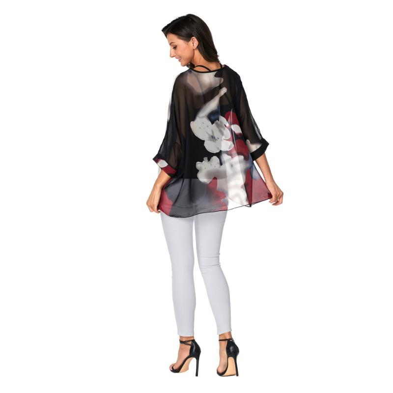 Женская шифоновая блузка с цветочным принтом и рукавами «летучая мышь», пляжная рубашка, свободная туника, рубашки, топы