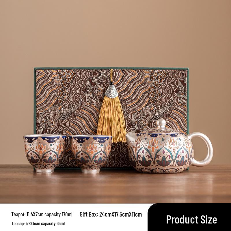 Китайский посеребренный чайный набор: Подарочный чайник и чашки для пожилых, друзей, на новоселье или в качестве сувенира на день рождения.