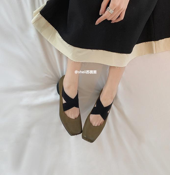 Single Shoes Women's Leather Ballet Shoes Women's Mary Jane Shoes Mid-heel Cross with Square Head Retro Light Mouth Thick Heel Soft Sole Dance