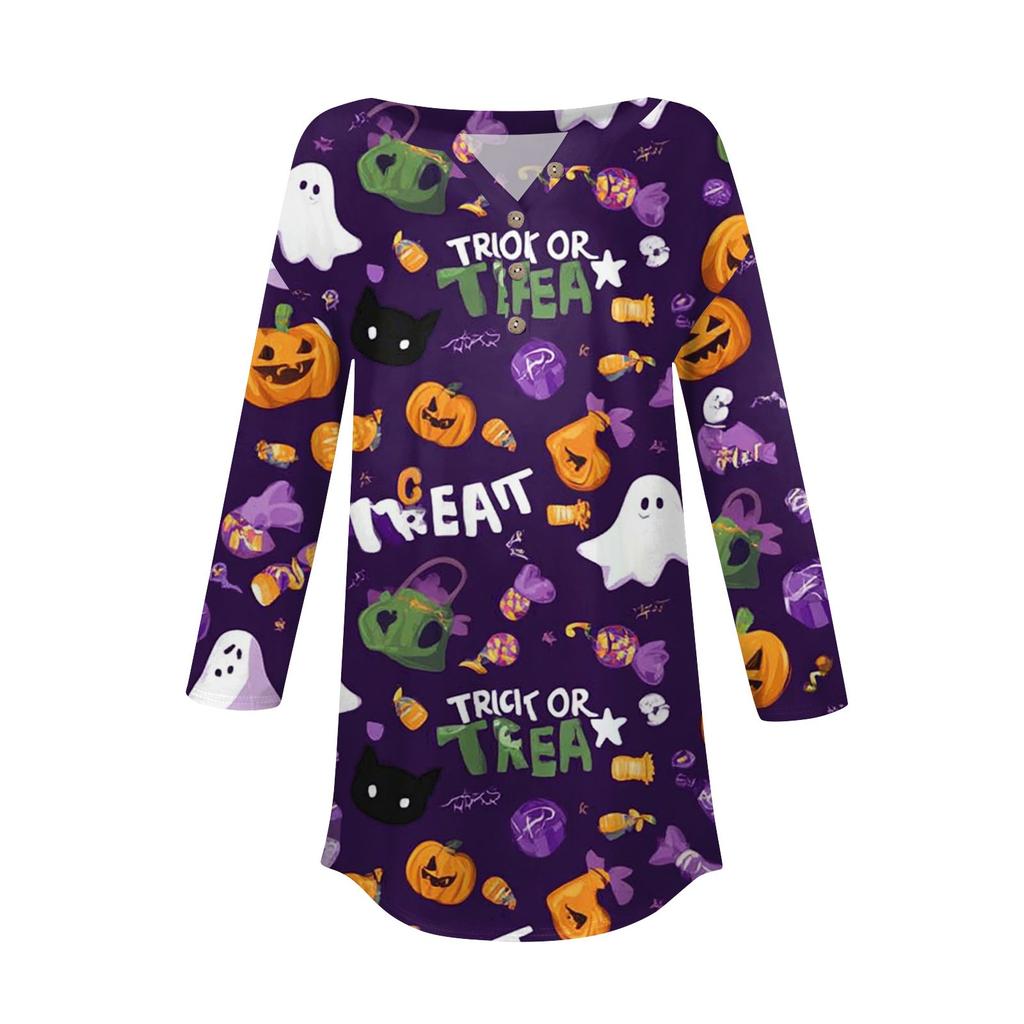 Женская модная свободная футболка с пуговицами на воротнике, с принтом на Хэллоуин, с длинным рукавом, топ, пуловер