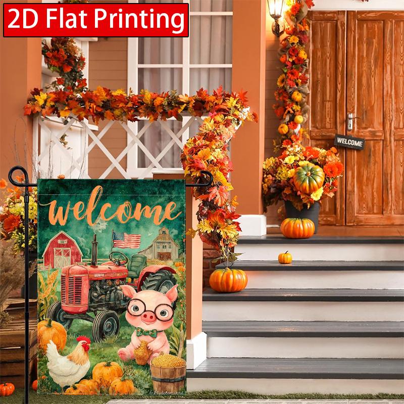 2D Flat, 2D Flat Welcome to Autumn Farm Animal Red Tractor Garden Flag_1-28x40 Inch Outdoor Garden Flag Double-sided Home Decoration Courtyard Decorat