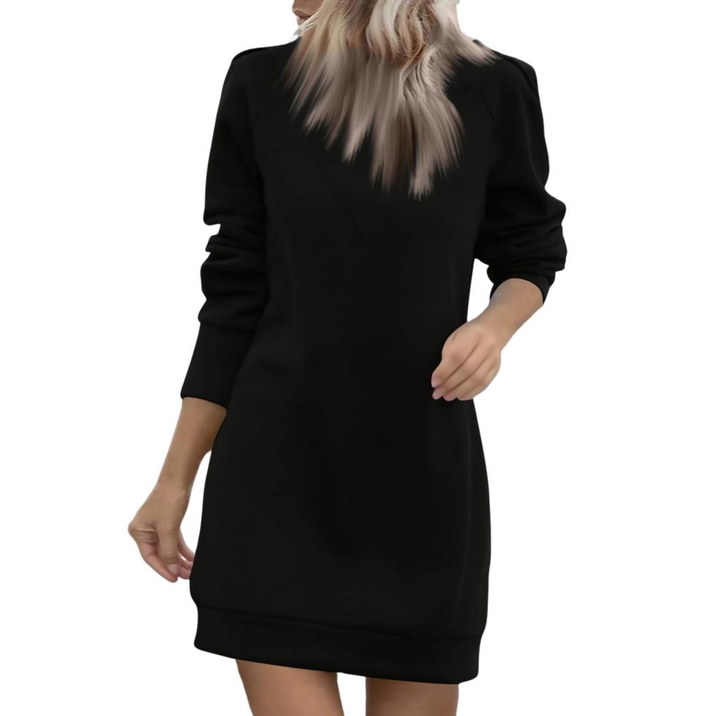 Women's Casual Fleece Lined Round Neck Long Sleeve Solid Color Dress