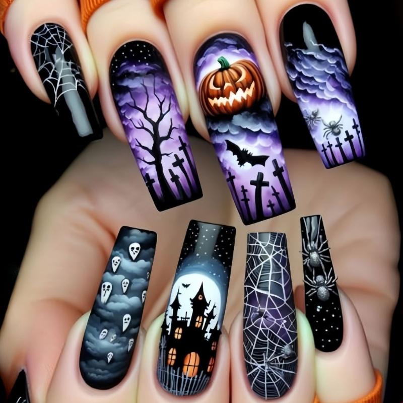 Long Purple Halloween Ghostly Pumpkin False Nail With Spiders Web Design For Party Festive Nail Art Lightweight Fake Nail