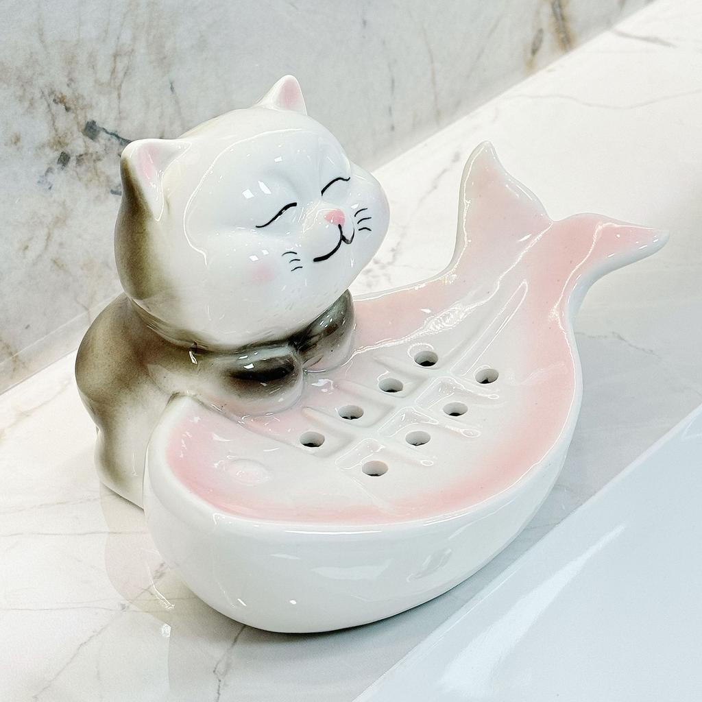 Милый кот керамическая мыльница слив бытовая мультяшная ванная мыльница мыльница керамическая полка аксессуары для украшения ванной комнаты