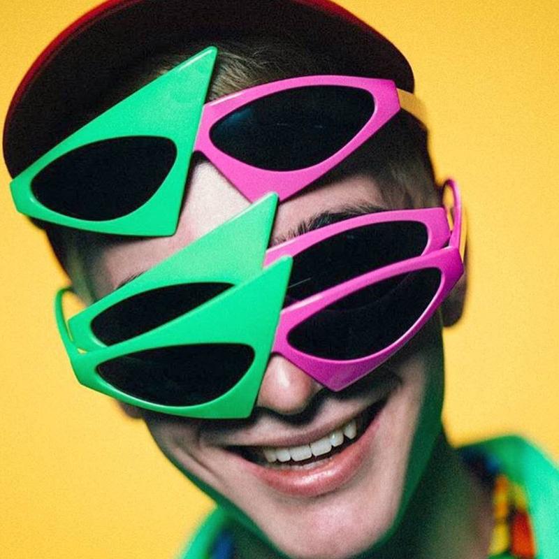 Унисекс Новинка Вечеринка Солнцезащитные очки 80-х Асимметричные очки Ярко-розовые и Неоново-зеленые очки для Хип-хоп танцев Хэллоуин вечеринки