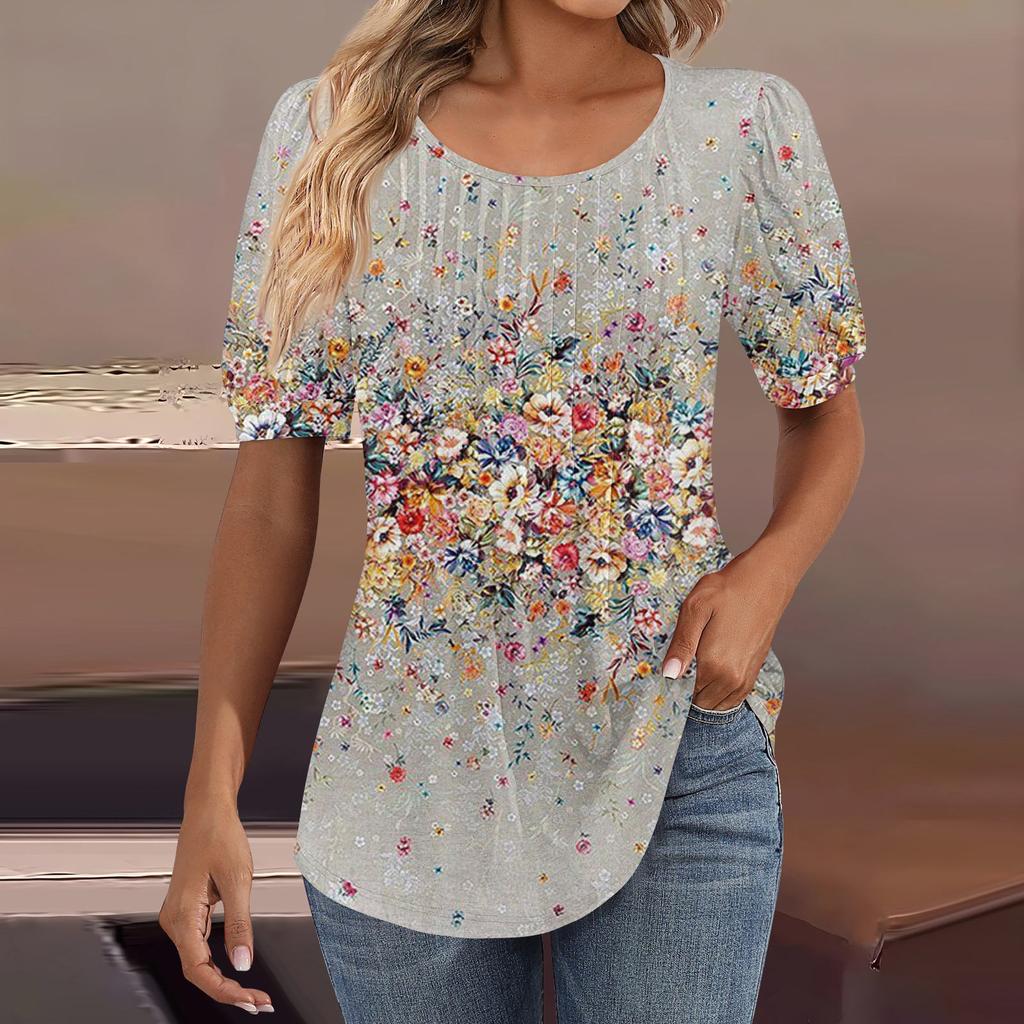 Женские пышные туники с короткими рукавами, топы, плиссированные блузки с воротником, повседневные свободные весенне-летние футболки