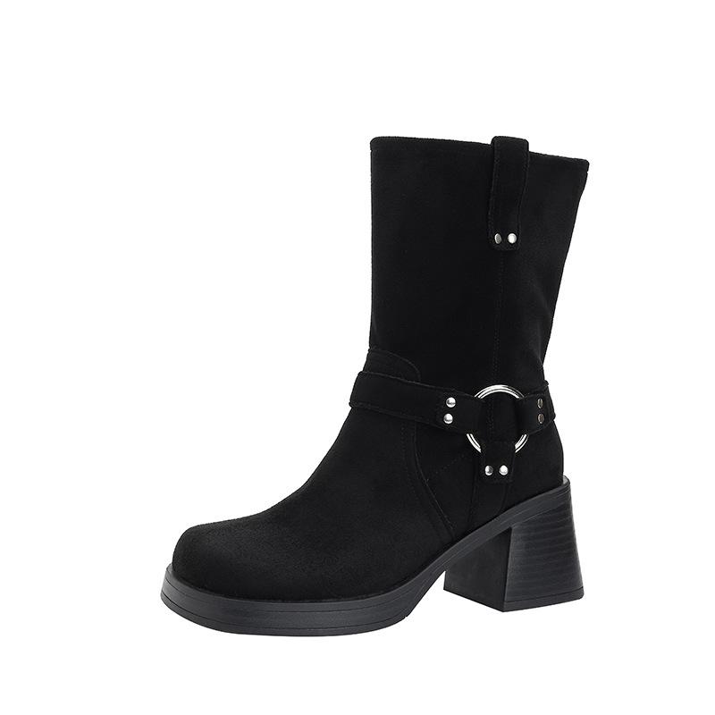 ~ Summer Lazy Wasteland Wind Western Boots Summer Matte Cowhide Thick Heel Loose Breathable Pile Boots Women