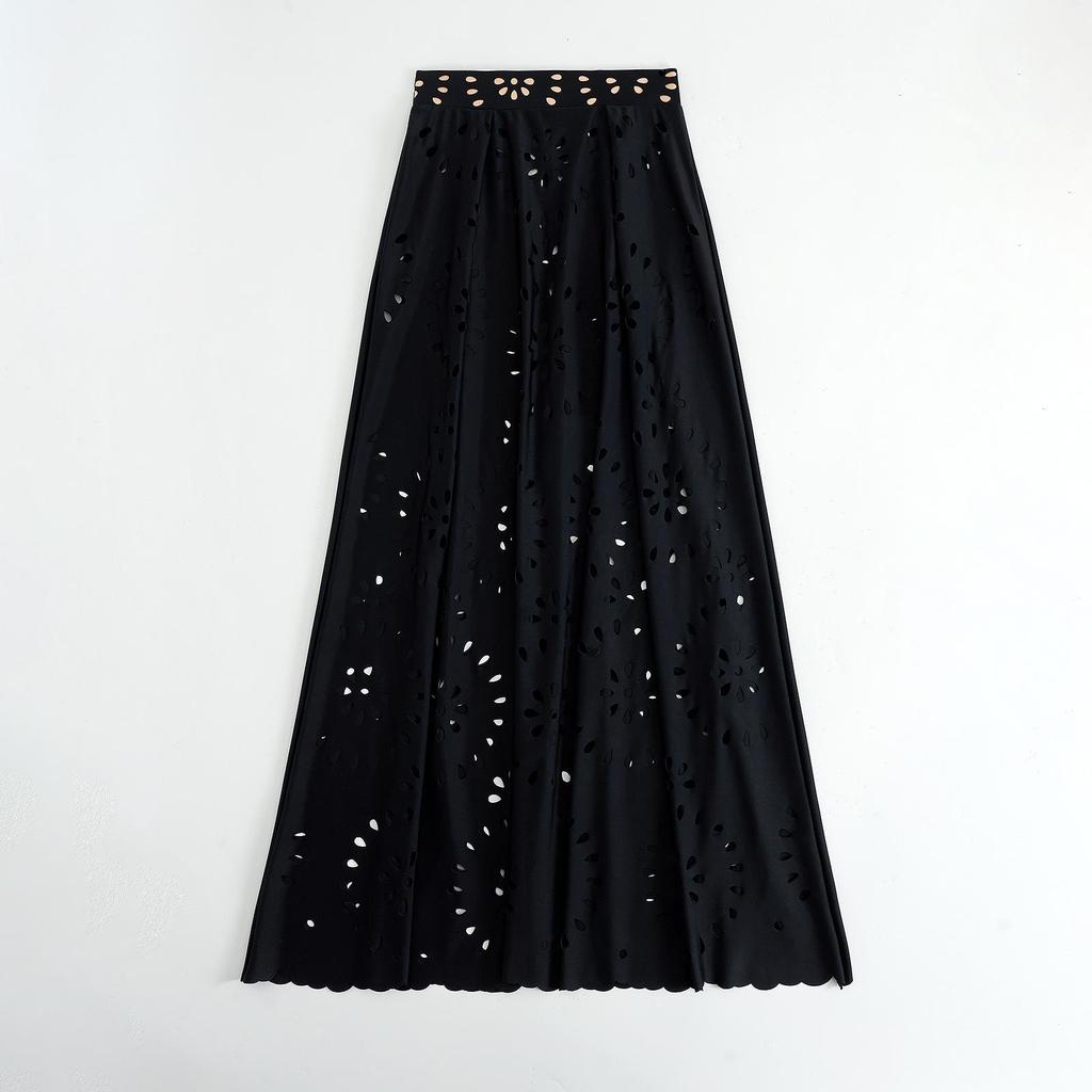 Navy Black Laser Cutting Flower Hollow One Piece Swimsuit and Skirt Women Swimwear Skirt Bathing Suit Girls Summer Beachwear Dress