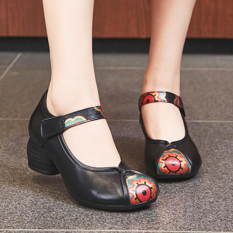 Shoes Women's Shoes Cowhide Chunky Heel Soft Bottom Non-slip Leather Shoes Ethnic Single Shoes