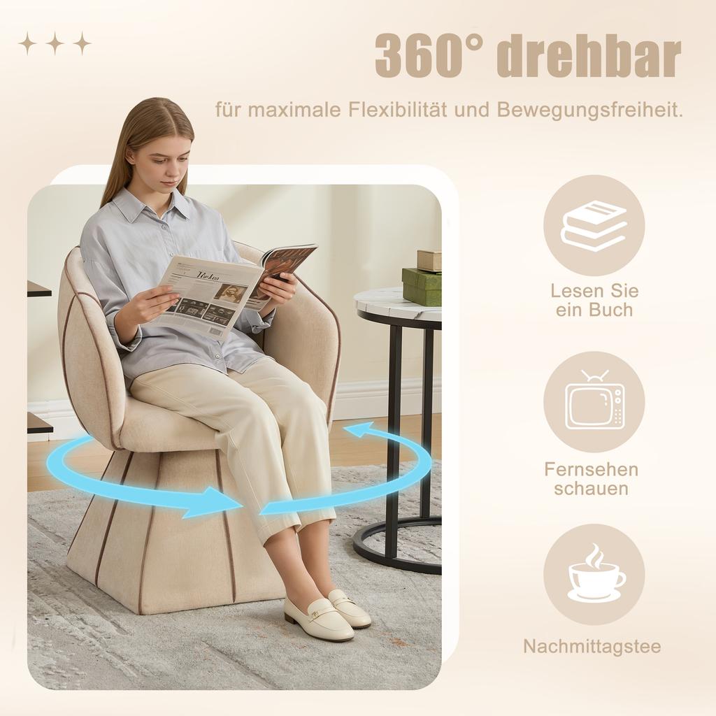Swivel Chair, Suitable for Adults and Teenagers. Ergonomically Shaped with High Backrest, Ideal for Bedroom and Living Room (Chenille in Camel Brown)