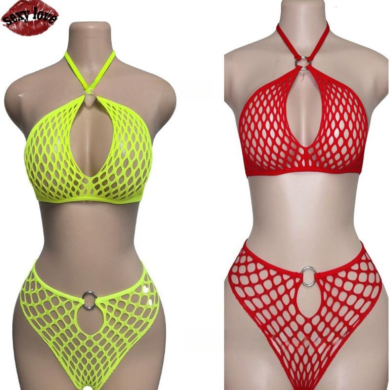 Sexy Love Underwear Women Micro Bikini Two Piece Set Fishing Net Hollow Neck Hanging Loop Lingerie