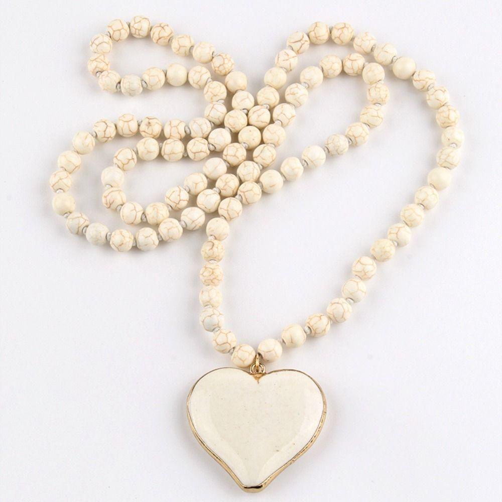 Heart Shape Pendant Turquoise Beaded Necklace 8 mm Beads Boho Necklace Women Gift