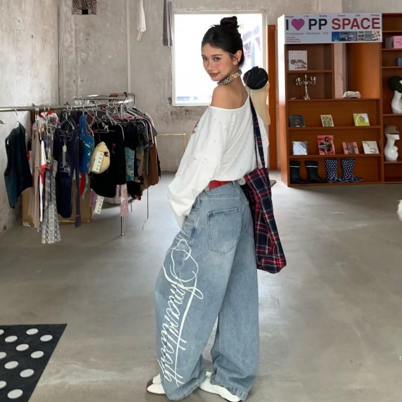 Womens High Waist Loose Straight Leg Jeans Retro Letter Print Wide Denim Pants Casual Trendy Floor Length