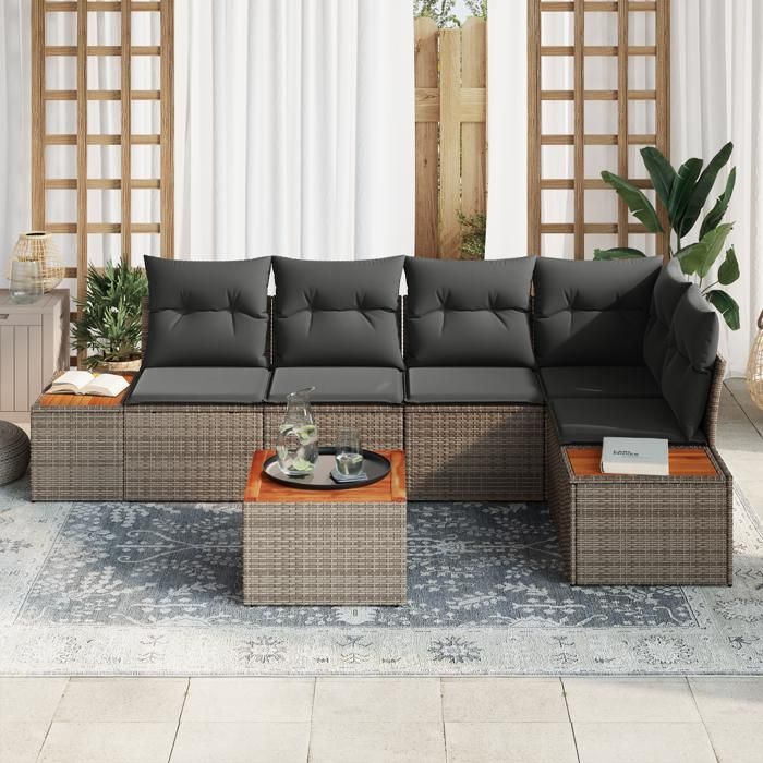 VidaXL Ensemble de canapés de jardin de 6 pièces avec coussins Gris Poly Rattan Acacia 3348090