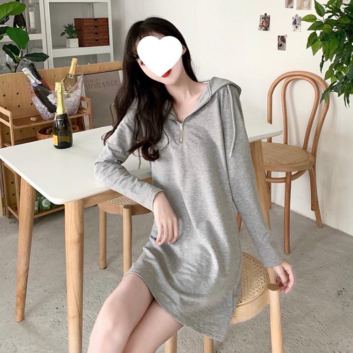 Plus Size Women's Zip-Up Hooded Sweatshirt Dress - Long Sleeve, Mid-Length, Loose Fit, Suitable for Spring & Autumn