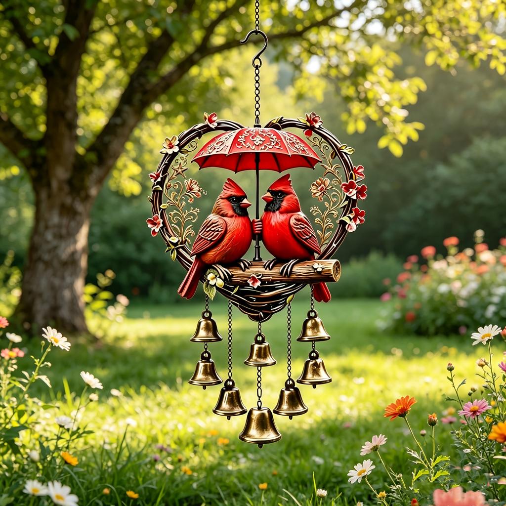 A large red cardinal bell with a bell-decorated pendantHand-assembled, individually packaged metal wind chimes 8" W X 5.8" L Metal garden and