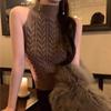 Retro Cable Knit Turtleneck Sweater Vest Women's Fitted Short Sleeveless Base Layer Top