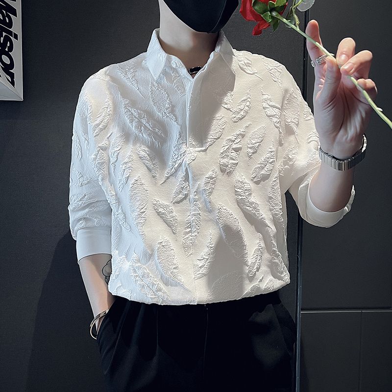 Стильные базовые рубашки с жаккардовым переплетением, мужская одежда, однотонные, летние, деловой кэжуал, рукав 3/4, свободные, с отложным воротником