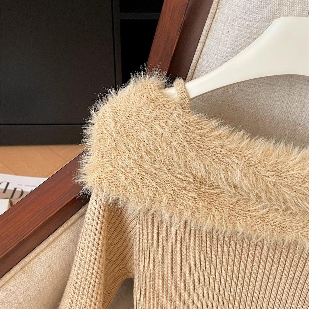 Шикарный французский женский свитер-топ на одно плечо с расклешенными рукавами - Облегающий пушистый базовый слой для осени/зимы.