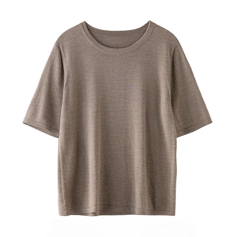 Yangzi 100% Wool Women's Slimming Short Sleeve Knit Shirt - Spring/Summer Round Neck Fashion.