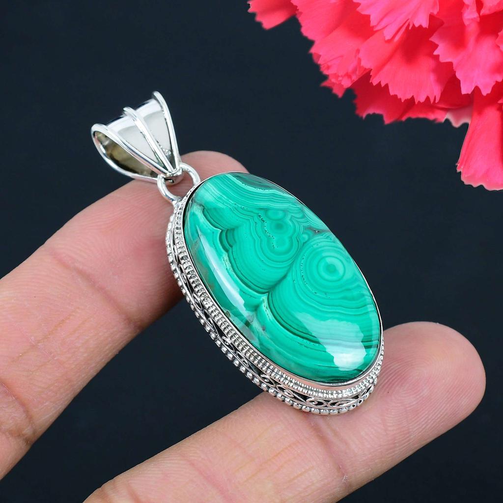 Кулон из драгоценного камня малахита, твердый кулон из стерлингового серебра 925 пробы, ювелирный подарок для унисекс