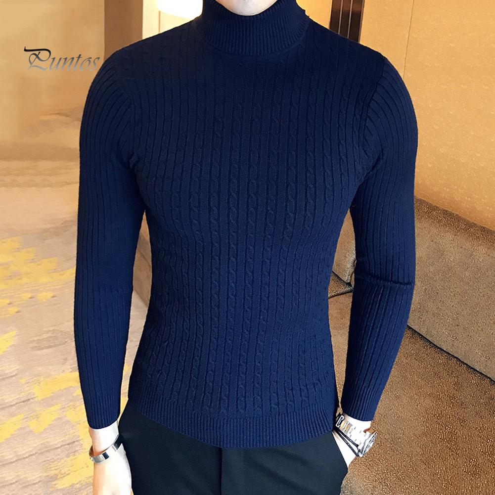Casual Men Winter Solid Color Turtle Neck Long Sleeve Twist Knitted Slim Sweater