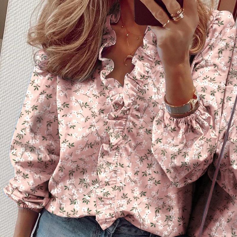 Весна и лето Новая женская рубашка с длинными рукавами и оборками