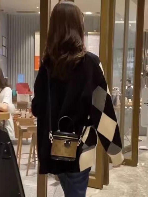 Женский кардиган средней длины с цветными блоками, ромбовидной вязкой — свободный, ленивый стиль